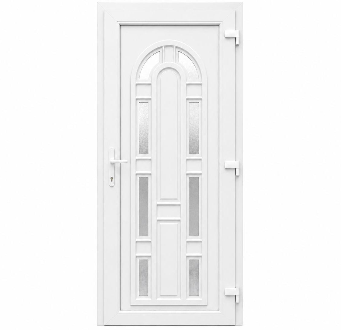 Ușă PVC de intrare model Arcadă cu 8 geamuri ornamentale și panel decorativ Alb