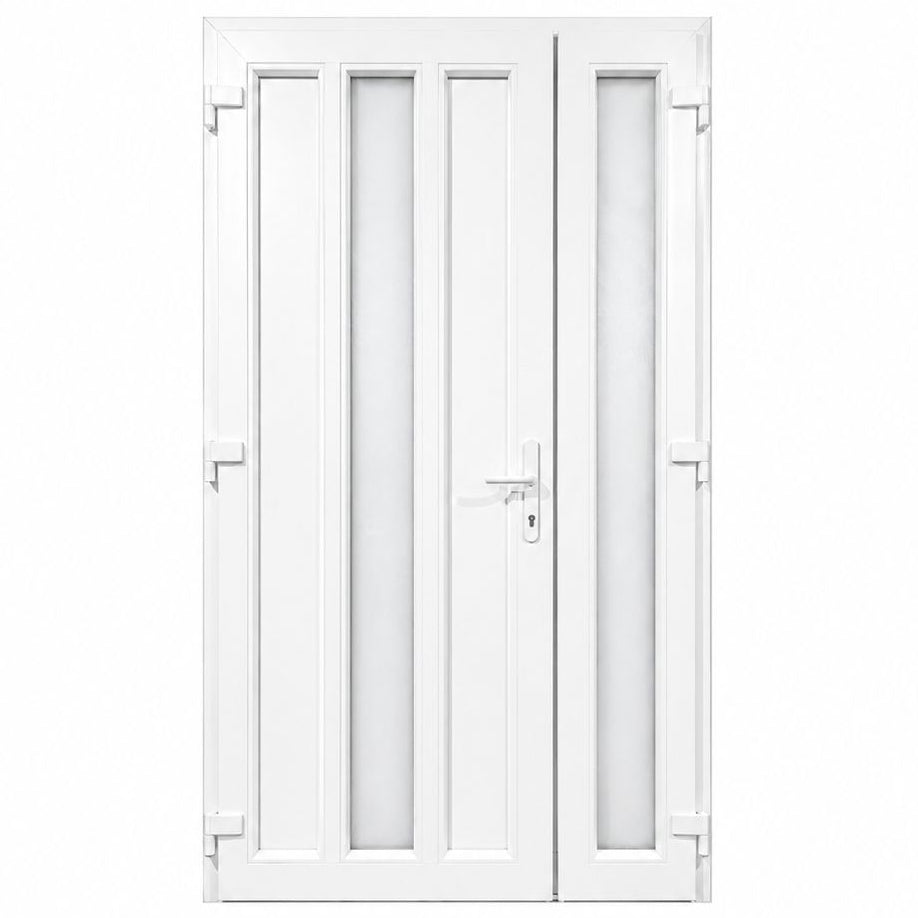 Ușă PVC dublă de intrare cu 2 geamuri verticale, culoare alb