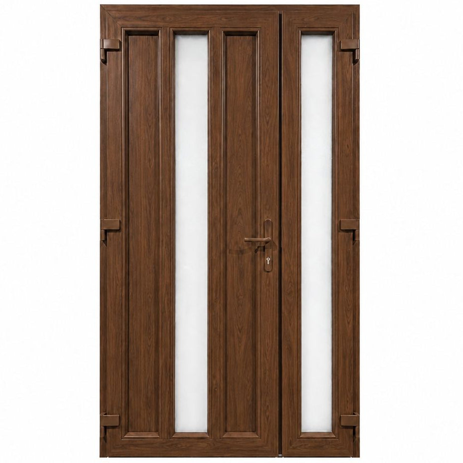Ușă PVC dublă de intrare cu 2 geamuri verticale, culoare nuc