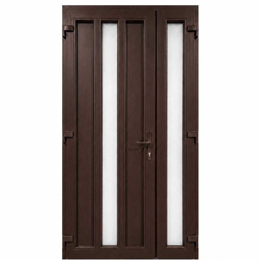 Ușă PVC dublă de intrare cu 2 geamuri verticale, culoare wenge