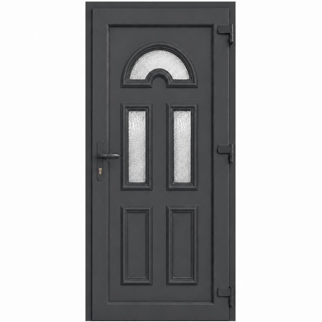 Ușă PVC de intrare cu 3 geamuri ornamentale și panel decorativ, culoare gri antracit