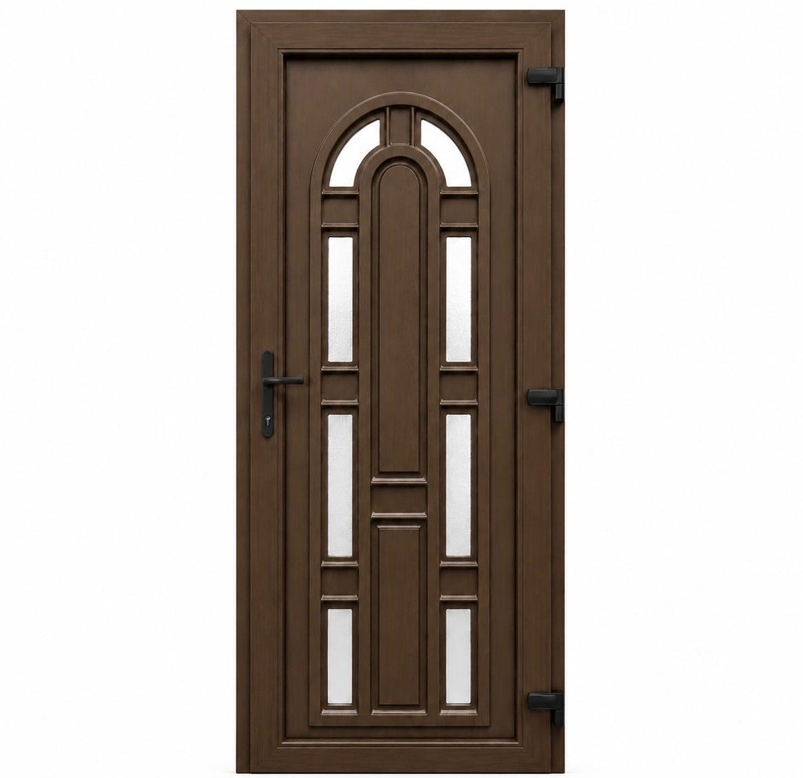 Ușă PVC de intrare model Arcadă cu 8 geamuri ornamentale și panel decorativ Nuc