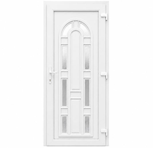 Ușă PVC de intrare model Arcadă cu 8 geamuri ornamentale și panel decorativ Alb