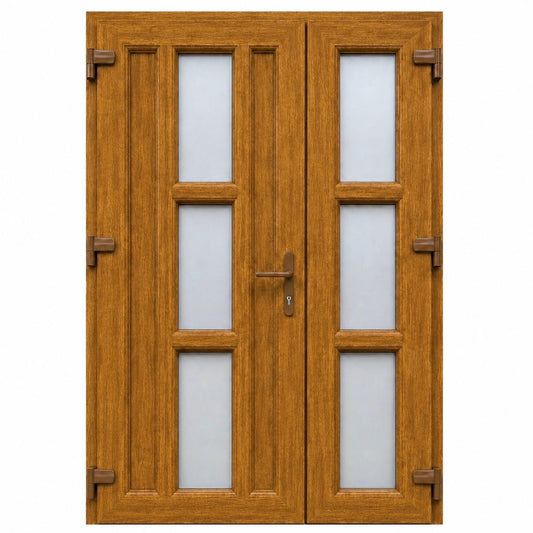 Ușă PVC dublă de intrare cu 6 geamuri, culoare stejar auriu