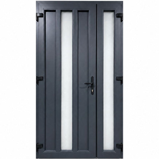 Ușă PVC dublă de intrare cu 2 geamuri verticale, culoare gri antracit