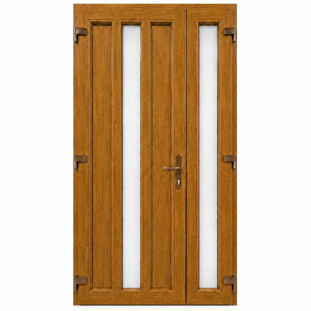 Ușă PVC dublă de intrare cu 2 geamuri verticale, culoare stejar auriu