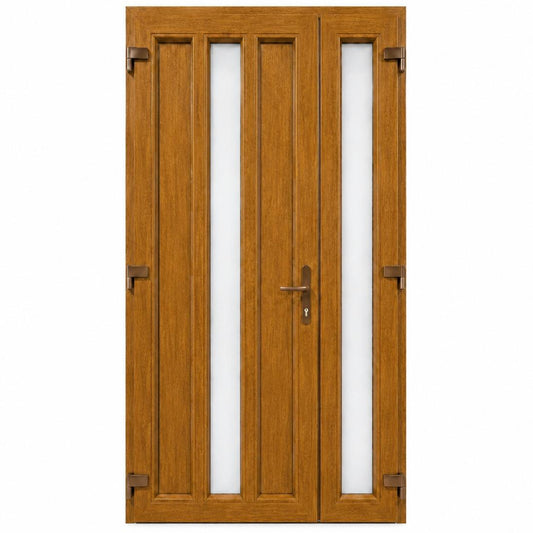 Ușă PVC dublă de intrare cu 2 geamuri verticale, culoare stejar auriu