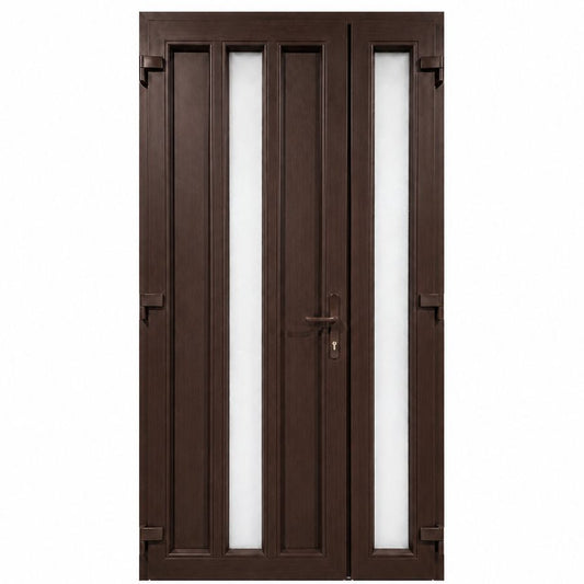 Ușă PVC dublă de intrare cu 2 geamuri verticale, culoare wenge
