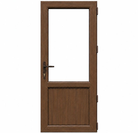 Ușă PVC cu geam transparent 2/3 și panel, culoarea nuc