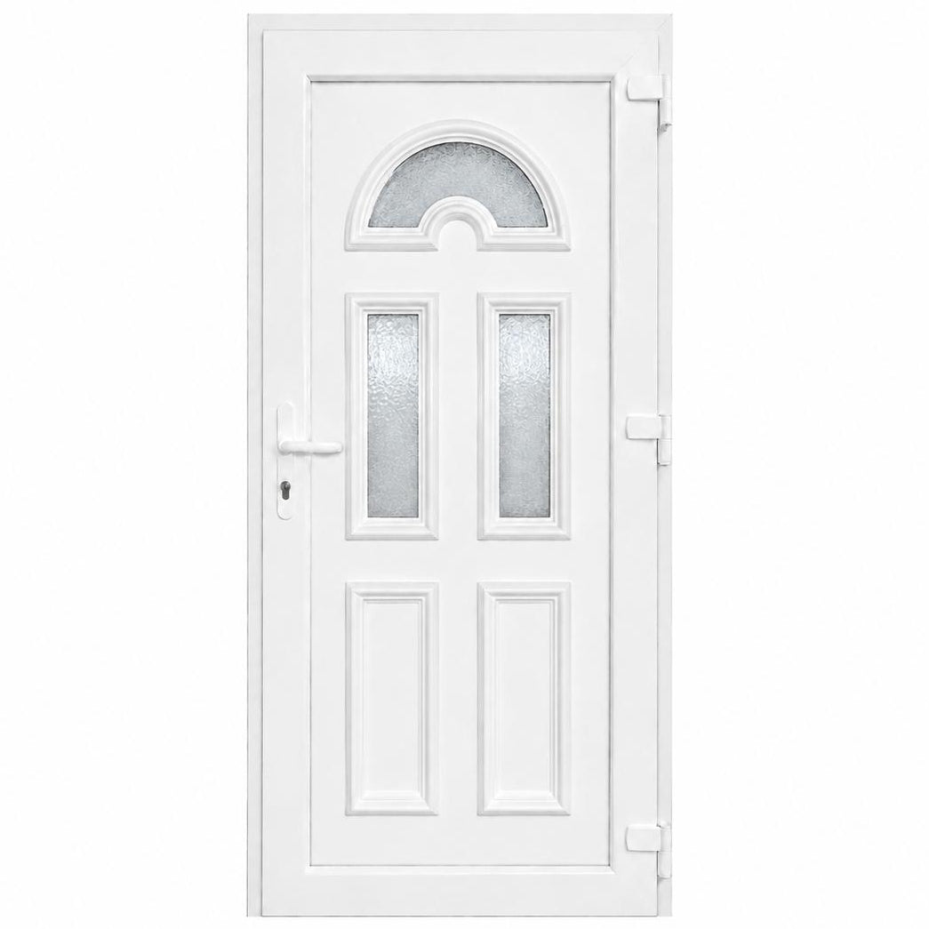 Ușă PVC de intrare cu 3 geamuri ornamentale și panel decorativ, culoare alb