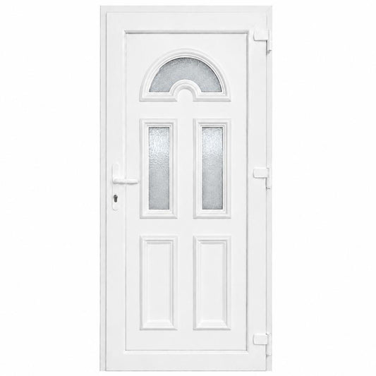 Ușă PVC de intrare cu 3 geamuri ornamentale și panel decorativ, culoare alb