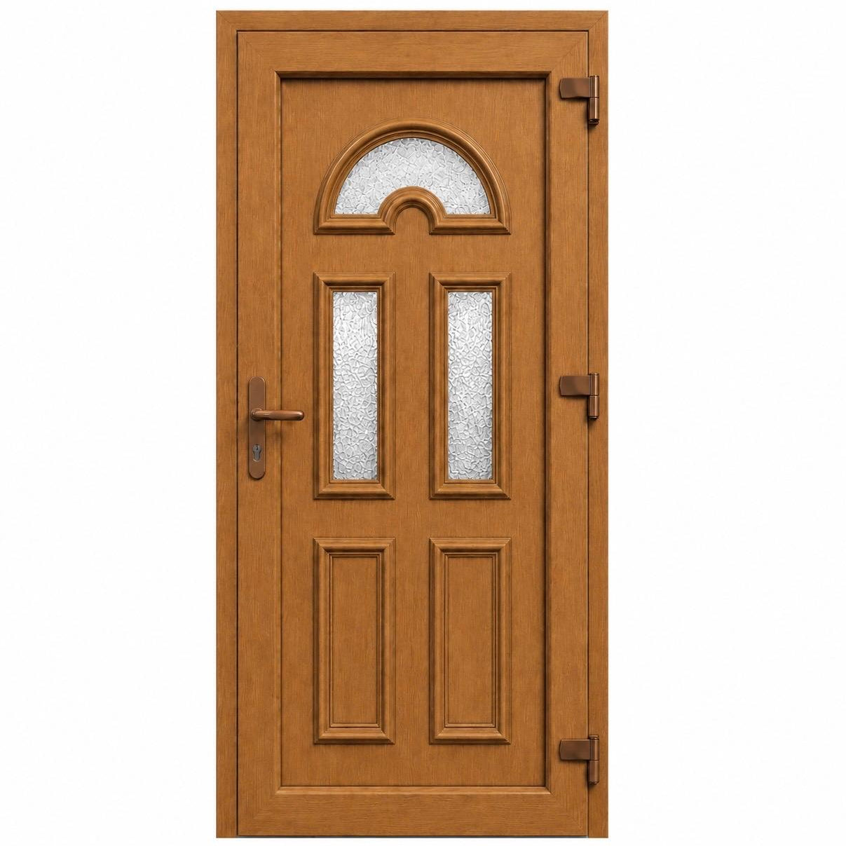 Ușă PVC de intrare cu 3 geamuri ornamentale și panel decorativ, culoare stejar auriu