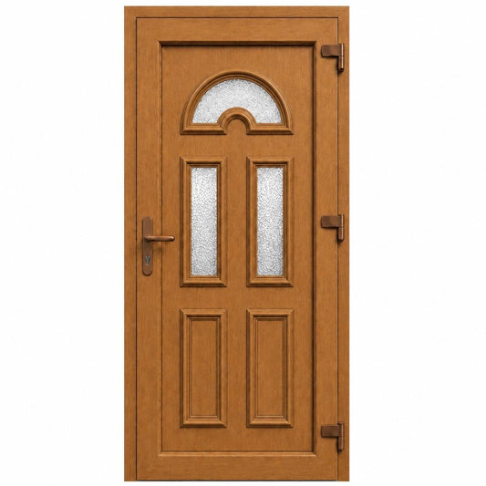Ușă PVC de intrare cu 3 geamuri ornamentale și panel decorativ, culoare stejar auriu
