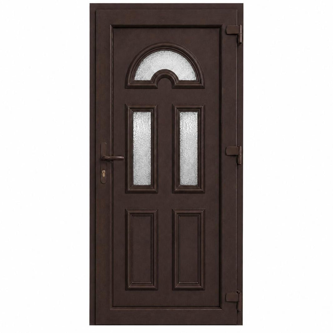 Ușă PVC de intrare cu 3 geamuri ornamentale și panel decorativ, culoare wenge