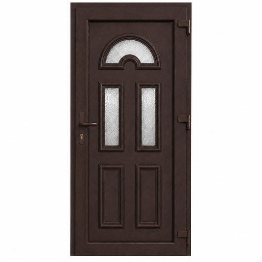 Ușă PVC de intrare cu 3 geamuri ornamentale și panel decorativ, culoare wenge