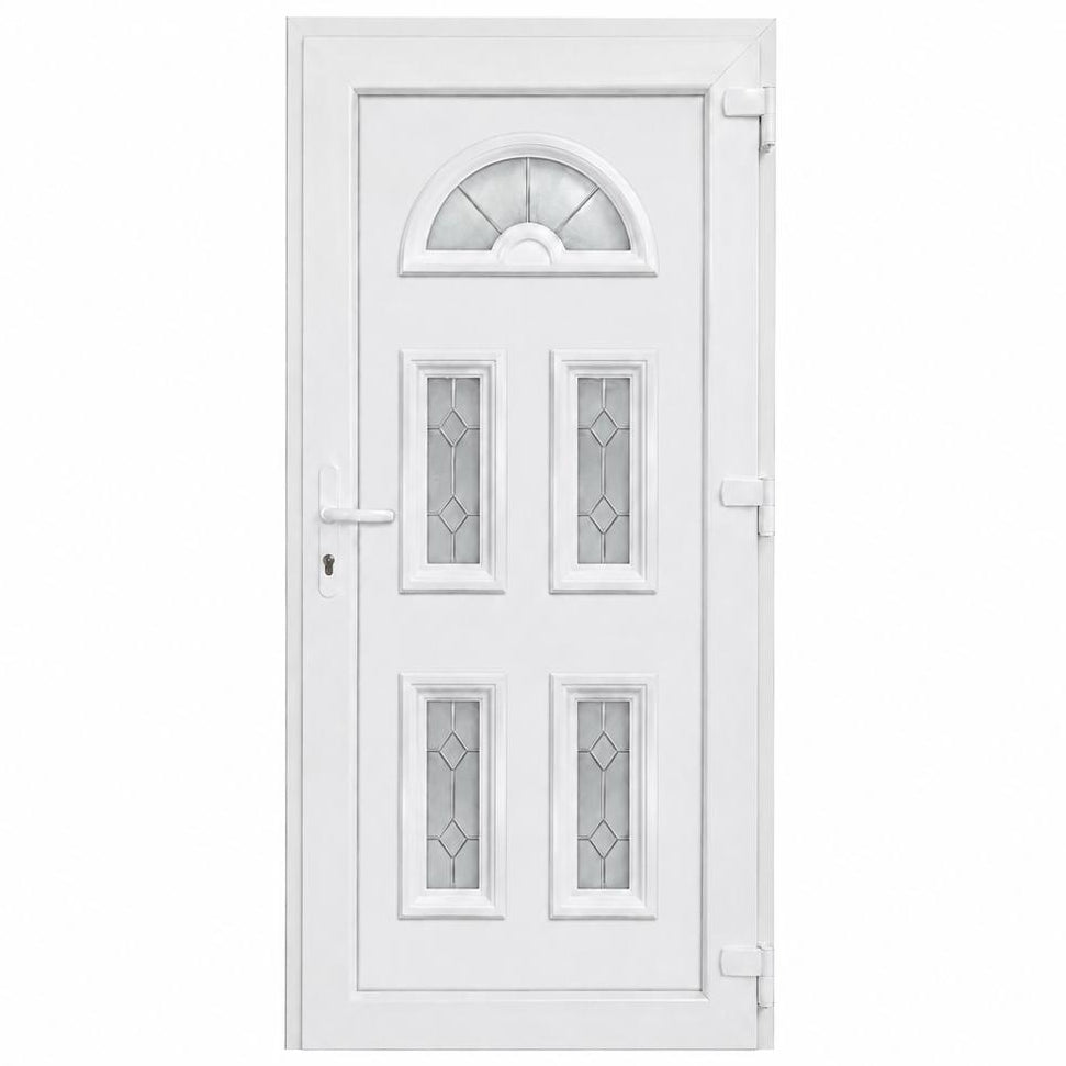 Ușă PVC de intrare cu 5 geamuri ornamentale și panel decorativ, culoare alb