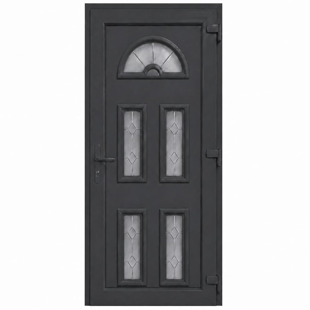 Ușă PVC de intrare cu 5 geamuri ornamentale și panel decorativ, culoare gri antracit