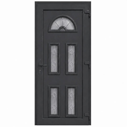 Ușă PVC de intrare cu 5 geamuri ornamentale și panel decorativ, culoare gri antracit