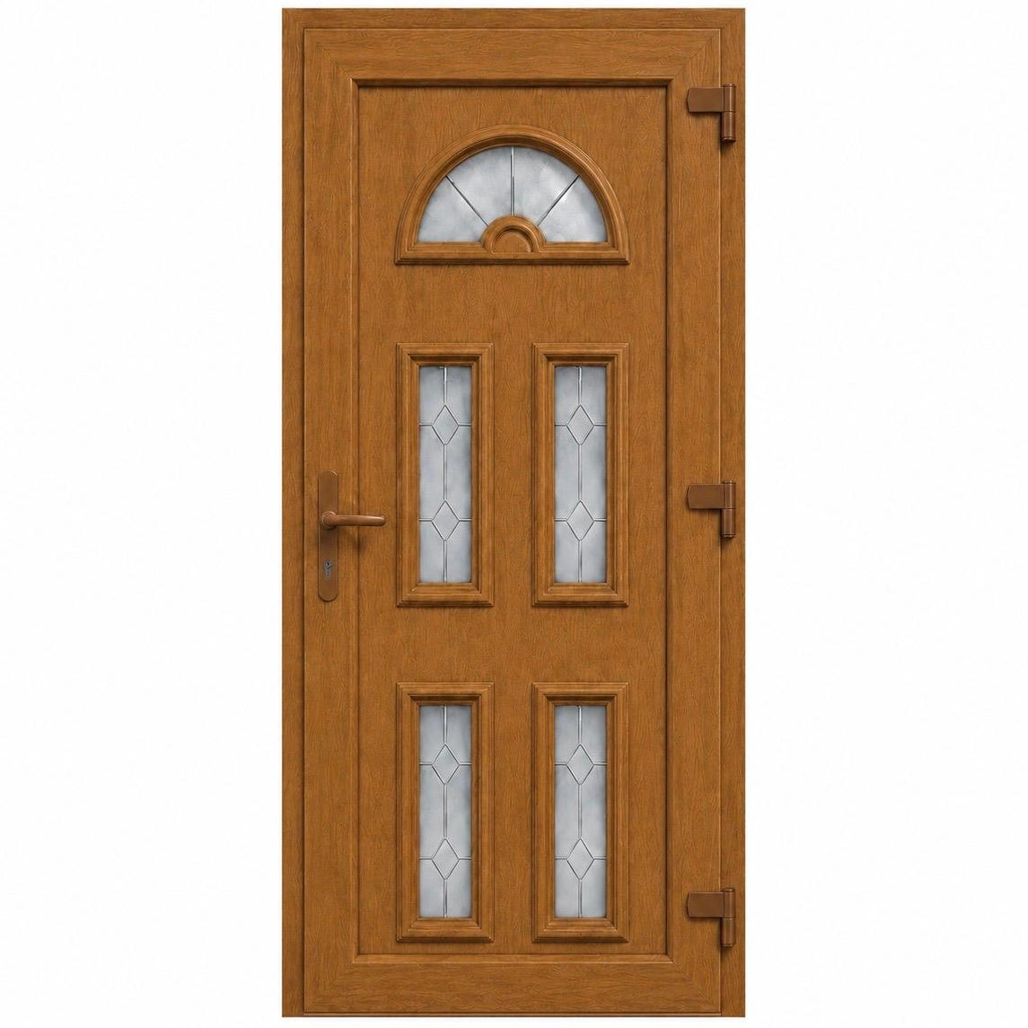 Ușă PVC de intrare cu 5 geamuri ornamentale și panel decorativ, culoare stejar auriu