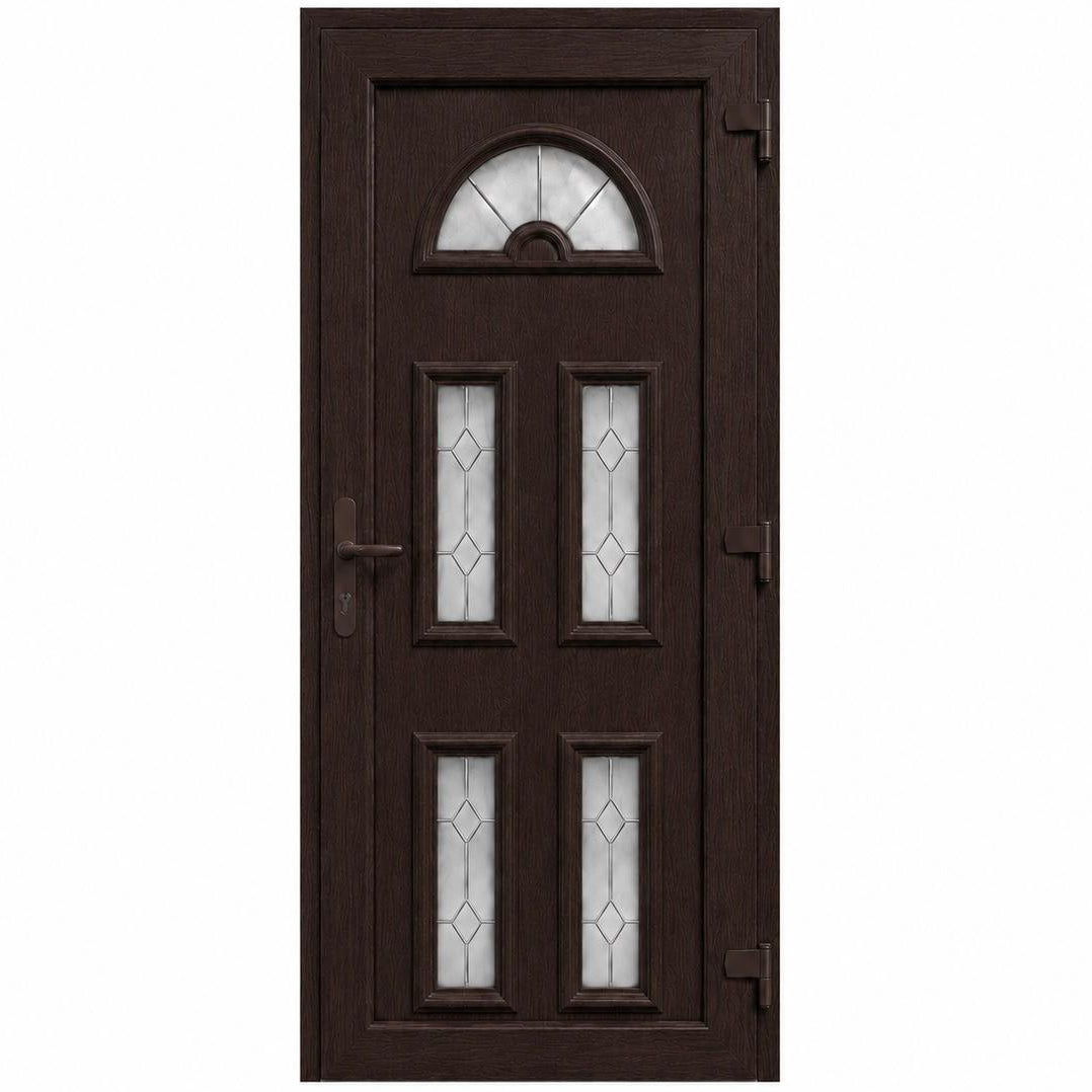 Ușă PVC de intrare cu 5 geamuri ornamentale și panel decorativ, culoare wenge