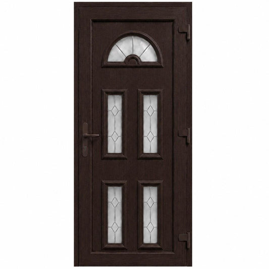 Ușă PVC de intrare cu 5 geamuri ornamentale și panel decorativ, culoare wenge