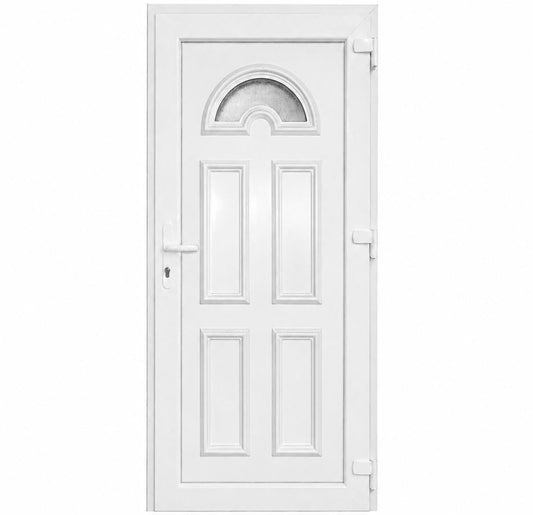 Ușă PVC de intrare cu geam ornamental și panel decorativ, culoare alb
