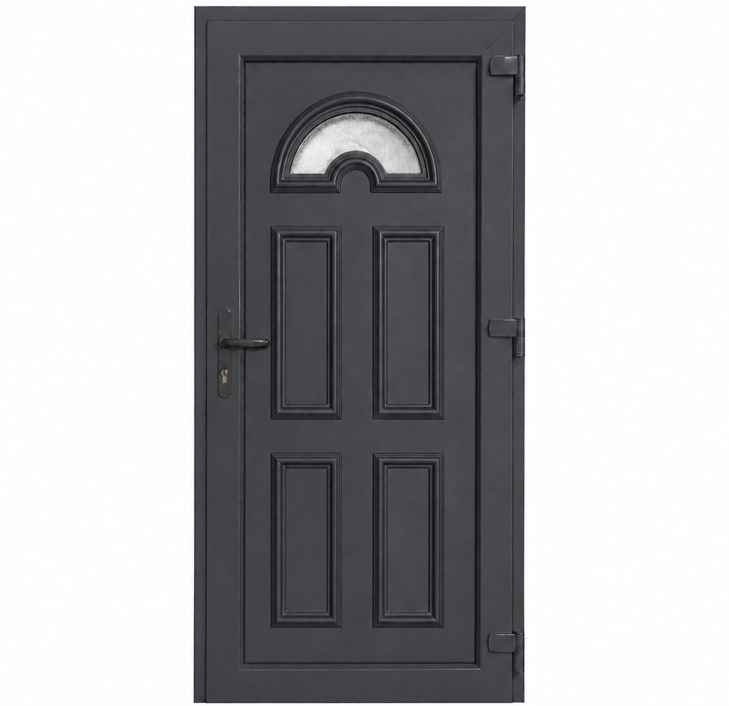Ușă PVC de intrare cu geam ornamental și panel decorativ, culoare gri antracit