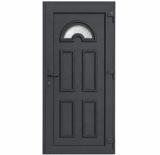 Ușă PVC de intrare cu geam ornamental și panel decorativ, culoare gri antracit