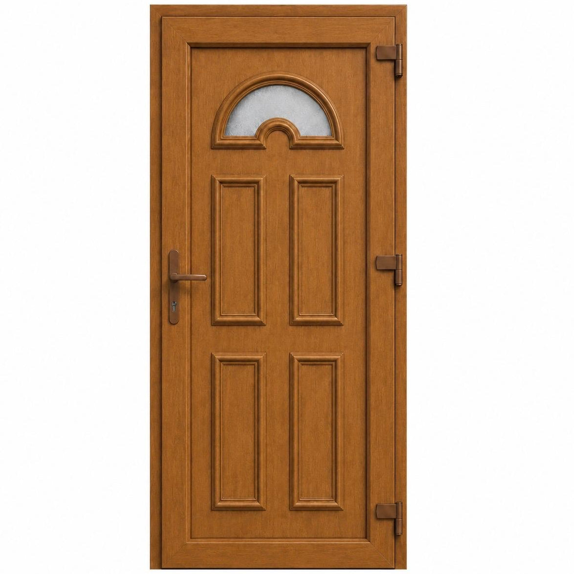 Ușă PVC de intrare cu geam ornamental și panel decorativ, culoare stejar auriu