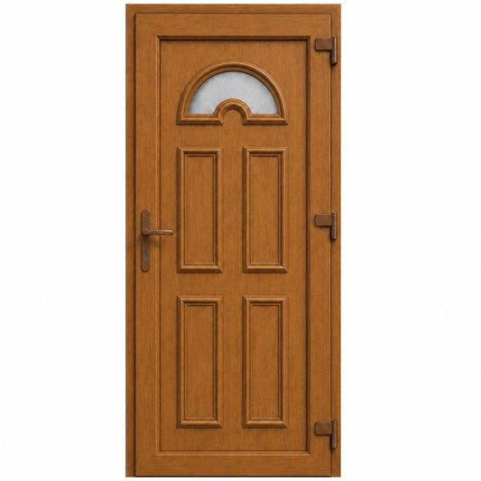 Ușă PVC de intrare cu geam ornamental și panel decorativ, culoare stejar auriu