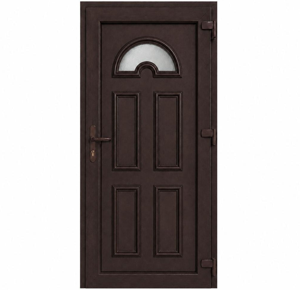 Ușă PVC de intrare cu geam ornamental și panel decorativ, culoare wenge