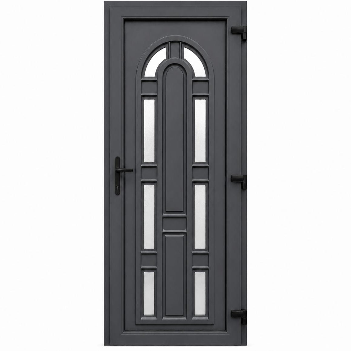 Ușă PVC de intrare model Arcadă cu 8 geamuri ornamentale și panel decorativ Gri Antracit