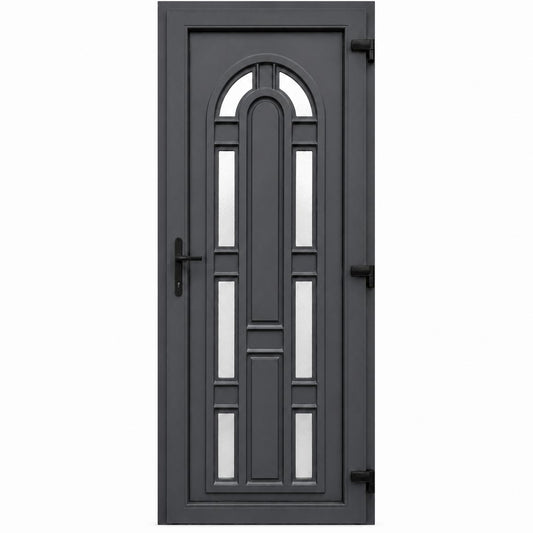 Ușă PVC de intrare model Arcadă cu 8 geamuri ornamentale și panel decorativ Gri Antracit