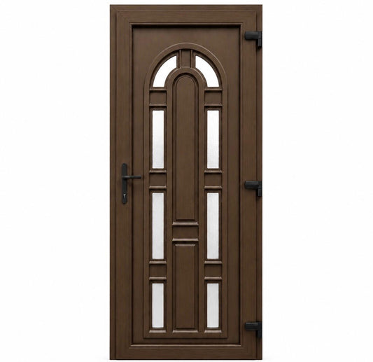 Ușă PVC de intrare model Arcadă cu 8 geamuri ornamentale și panel decorativ Nuc