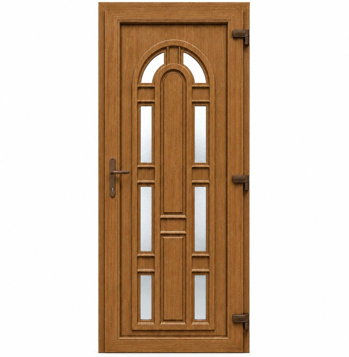 Ușă PVC de intrare model Arcadă cu 8 geamuri ornamentale și panel decorativ Stejar Auriu