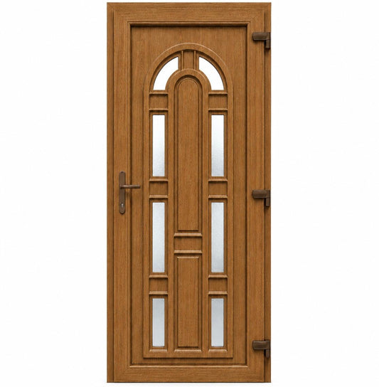 Ușă PVC de intrare model Arcadă cu 8 geamuri ornamentale și panel decorativ Stejar Auriu
