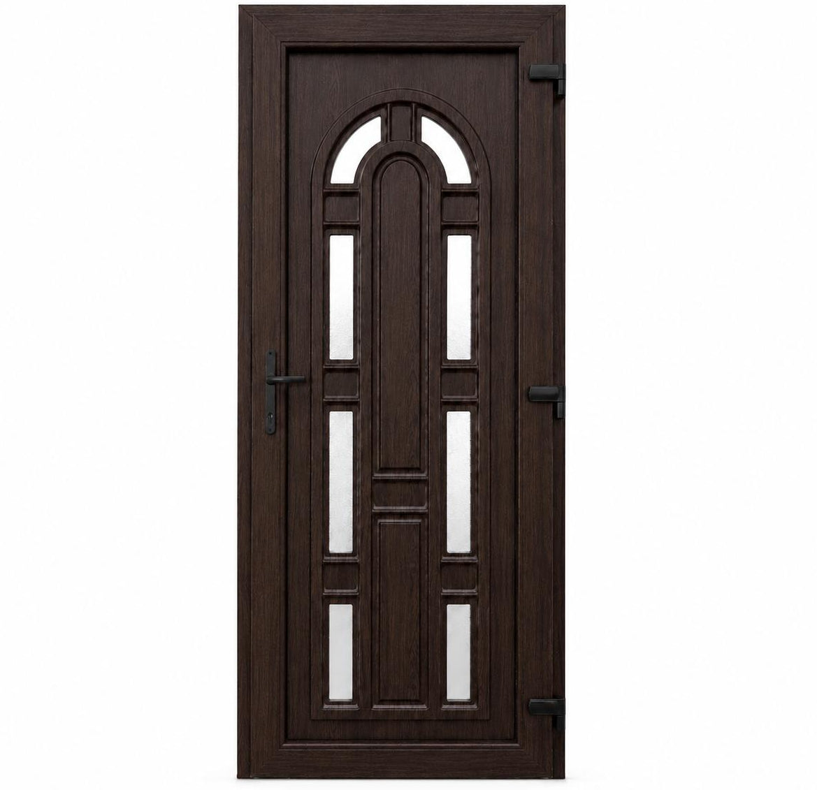 Ușă PVC de intrare model Arcadă cu 8 geamuri ornamentale și panel decorativ Wenge