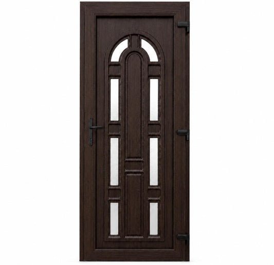 Ușă PVC de intrare model Arcadă cu 8 geamuri ornamentale și panel decorativ Wenge