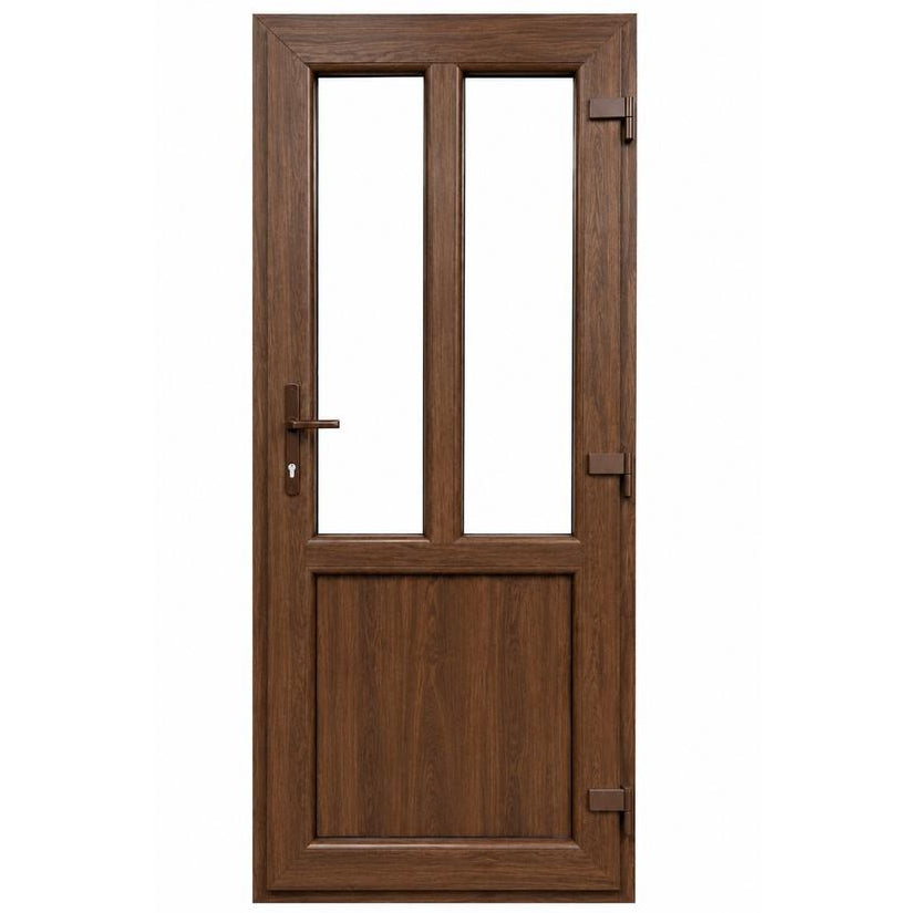 Ușă PVC T-Model cu geam transparent, culoare nuc