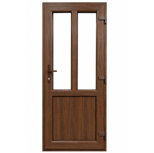 Ușă PVC T-Model cu geam transparent, culoare nuc